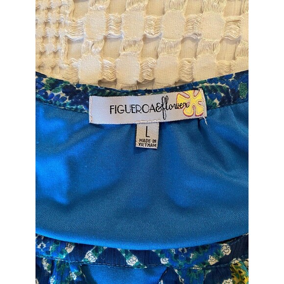 FIGUEROA & Flower Blouse Sz Large Boho Peasant Elastic Waist Blue Green Top - Picture 11 of 12